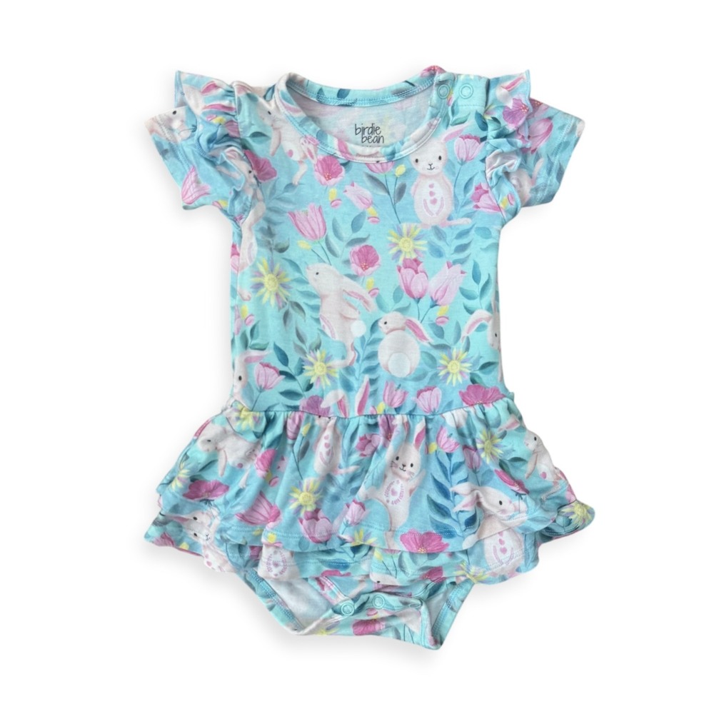 Birdie Bean Teal Bunny Floral Bamboo Ruffle Dress 6-12 Months